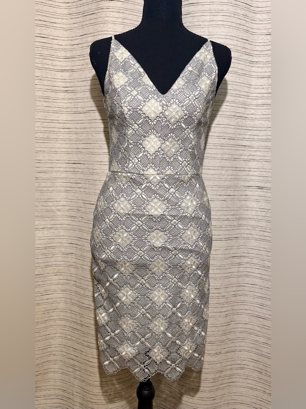 Mystic Silver and White Lace V-Neck Sheath Midi Dress